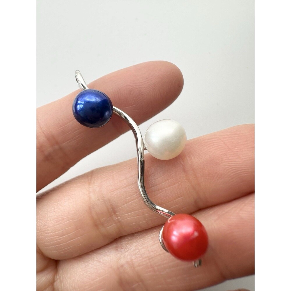 925 Sterling Silver Freshwater Pearl Patriotic Pendant Blue Red White